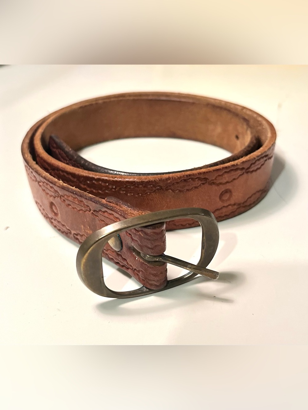 Vintage Brown Leather Belt with Brass Oval Buckle